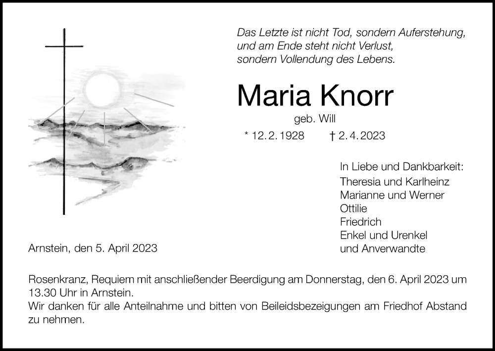  Traueranzeige für Maria Knorr vom 05.04.2023 aus MGO