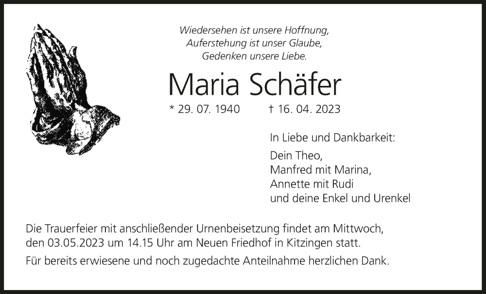  Traueranzeige für Maria Schäfer vom 29.04.2023 aus MGO