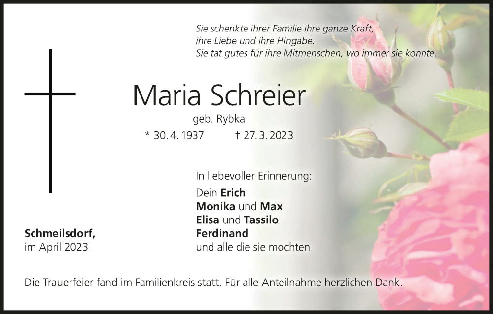  Traueranzeige für Maria Schreier vom 01.04.2023 aus MGO