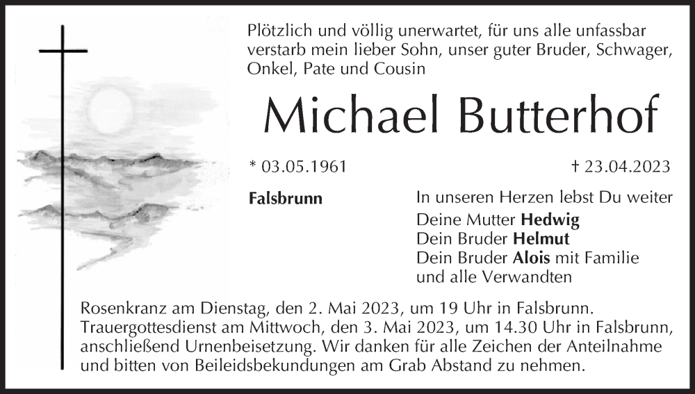  Traueranzeige für Michael Butterhof vom 29.04.2023 aus MGO
