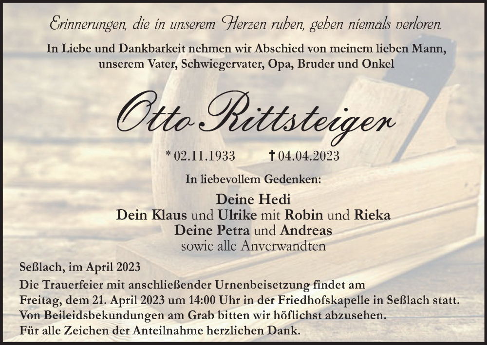  Traueranzeige für Otto Rittsteiger vom 14.04.2023 aus MGO