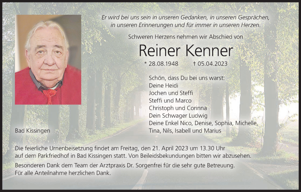  Traueranzeige für Reiner Kenner vom 15.04.2023 aus MGO