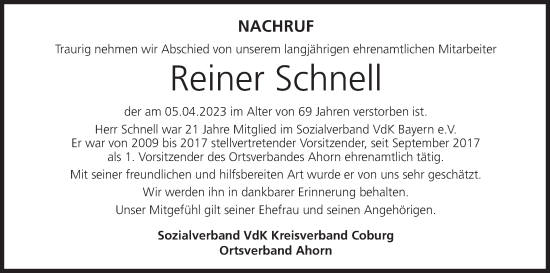 Anzeige von Reiner Schnell von MGO