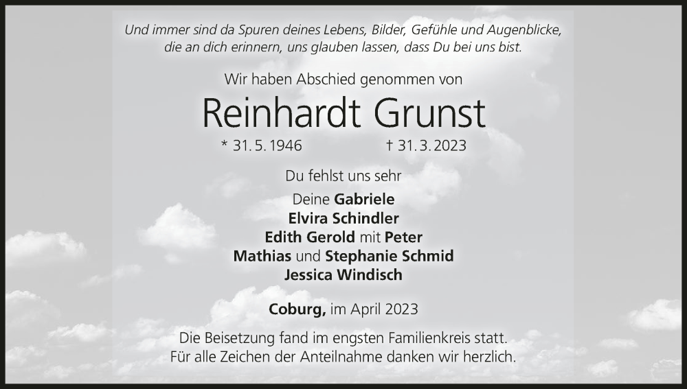  Traueranzeige für Reinhardt Grunst vom 15.04.2023 aus MGO