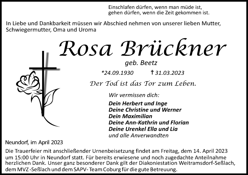  Traueranzeige für Rosa Bruckner vom 08.04.2023 aus MGO