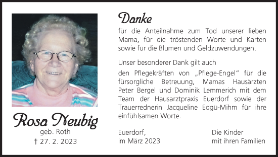 Anzeige von Rosa Neubig von MGO