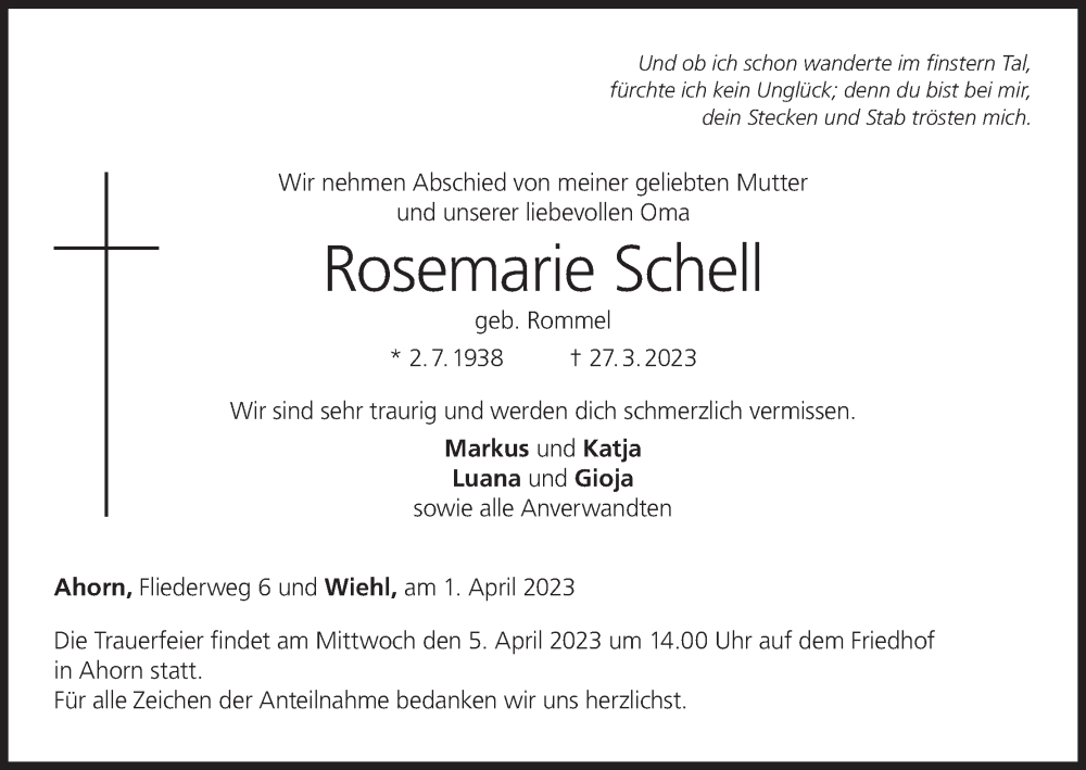  Traueranzeige für Rosemarie Schell vom 01.04.2023 aus MGO