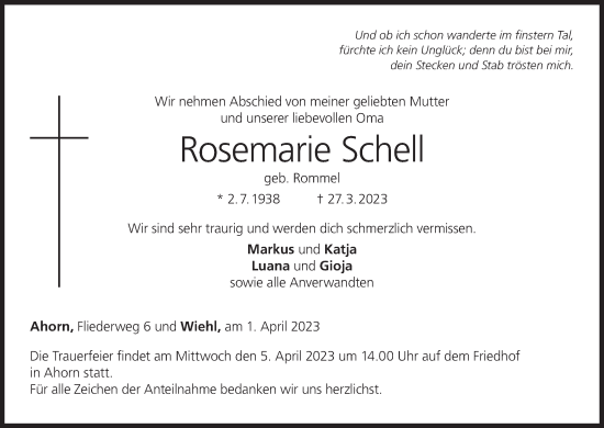 Anzeige von Rosemarie Schell von MGO