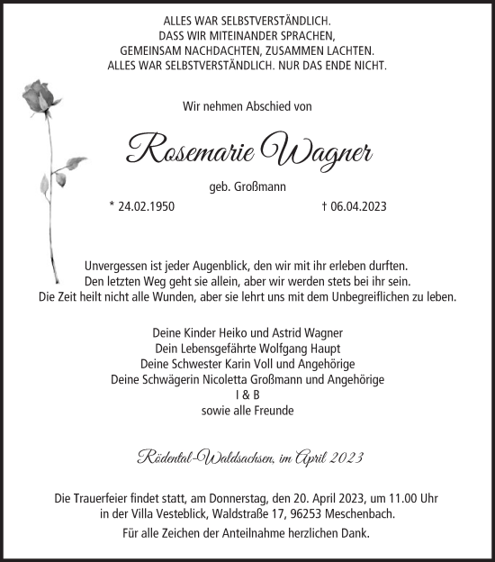 Anzeige von Rosemarie Wagner von MGO