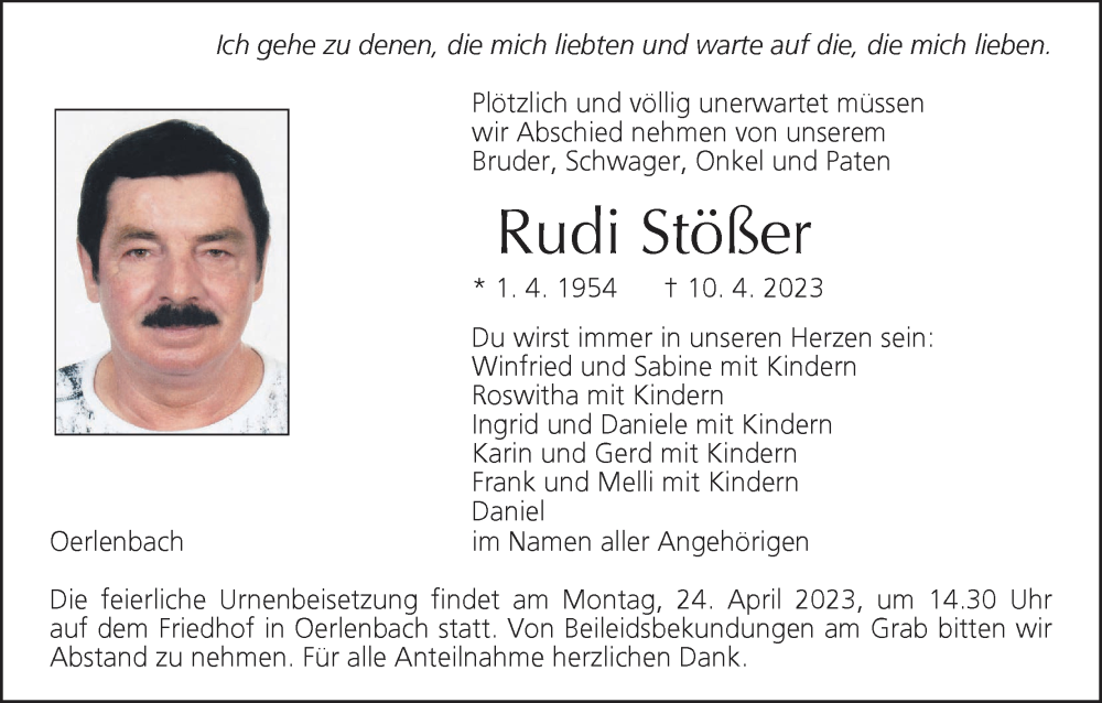  Traueranzeige für Rudi Stößer vom 15.04.2023 aus MGO