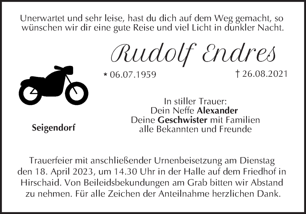  Traueranzeige für Rudolf Endres vom 15.04.2023 aus MGO