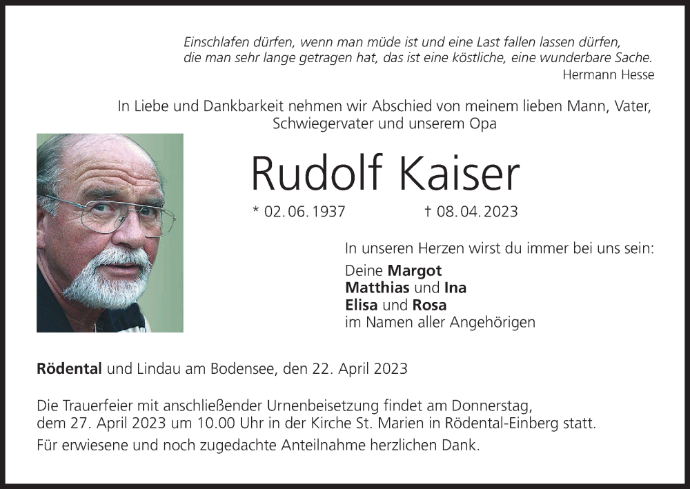  Traueranzeige für Rudolf Kaiser vom 22.04.2023 aus MGO