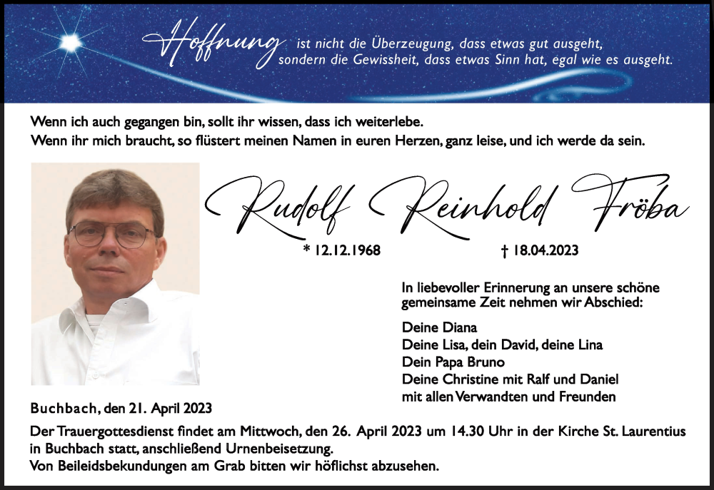  Traueranzeige für Rudolf Reinhold Fröba vom 21.04.2023 aus MGO