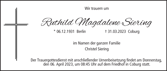 Anzeige von Ruthild Magdalene Siering von MGO