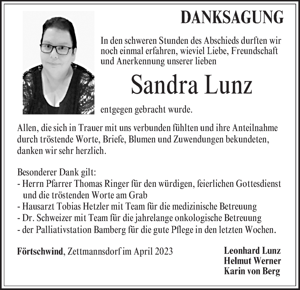  Traueranzeige für Sandra Lunz vom 08.04.2023 aus MGO
