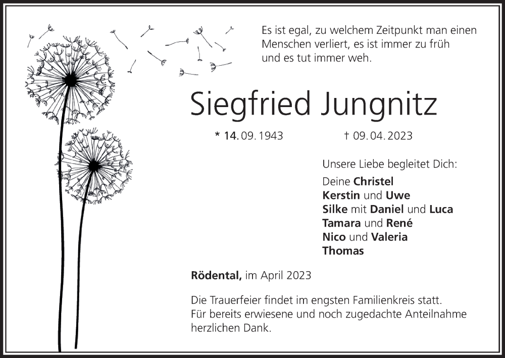  Traueranzeige für Siegfried Jungnitz vom 15.04.2023 aus MGO