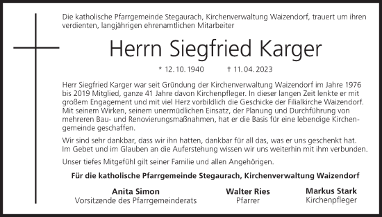 Anzeige von Siegfried Karger von MGO