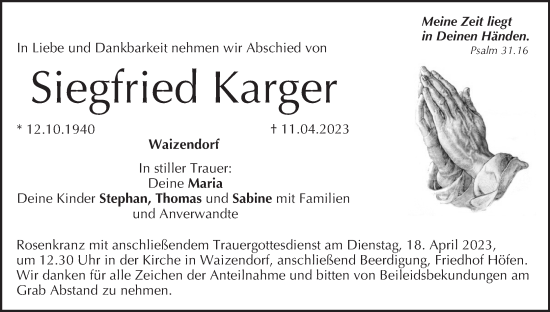 Anzeige von Siegfried Karger von MGO