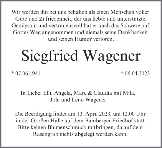 Anzeige von Siegfried Wagener von MGO