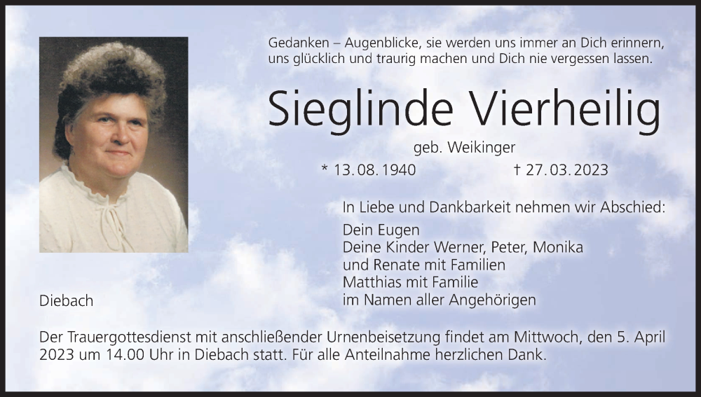  Traueranzeige für Sieglinde Vierheilig vom 01.04.2023 aus MGO