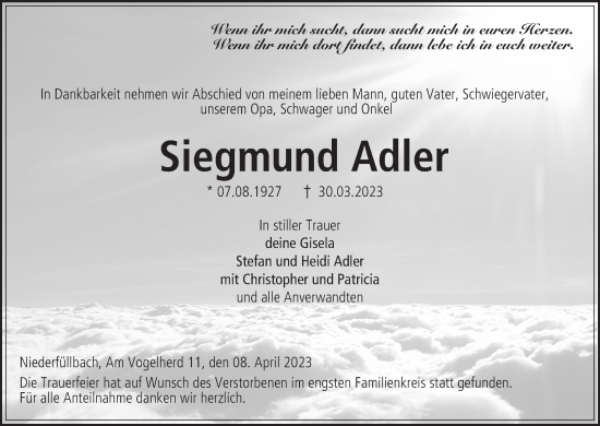 Anzeige von Siegmund Adler von MGO