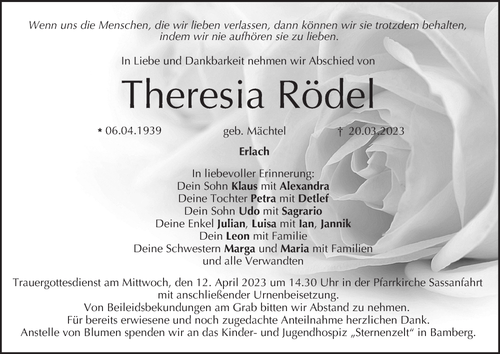  Traueranzeige für Theresia Rödel vom 08.04.2023 aus MGO