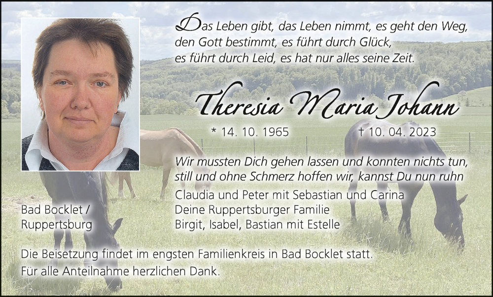  Traueranzeige für Theresia Maria Johann vom 15.04.2023 aus MGO