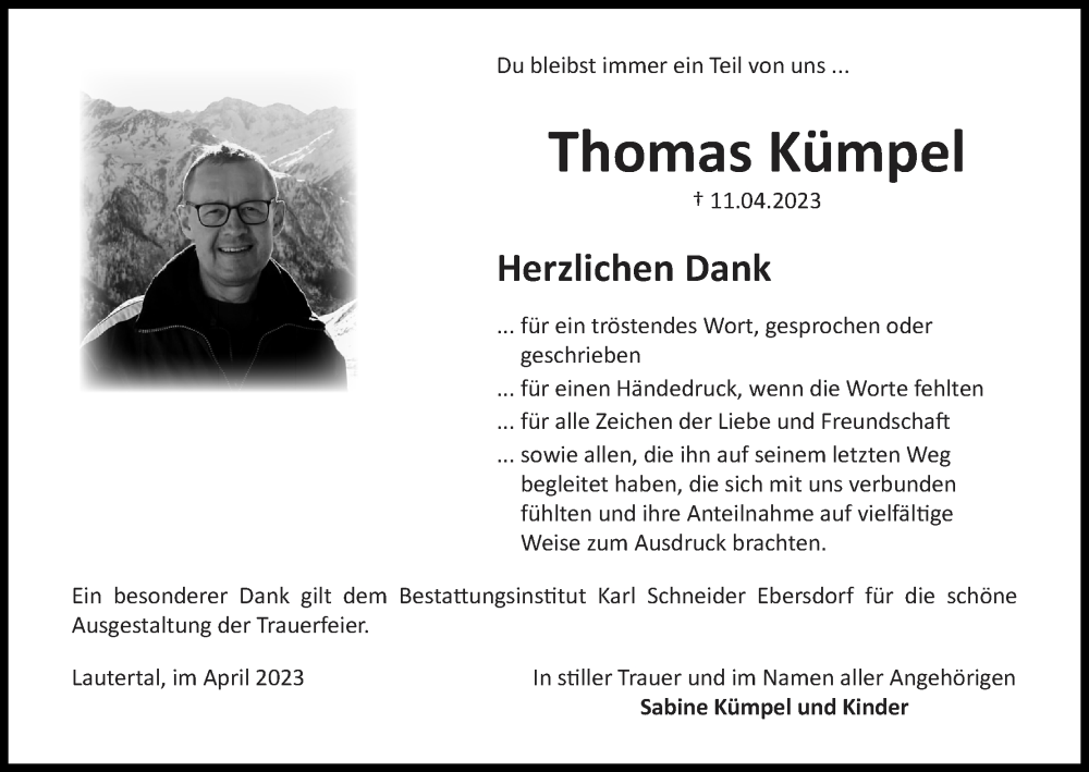  Traueranzeige für Thomas Kümpel vom 29.04.2023 aus MGO