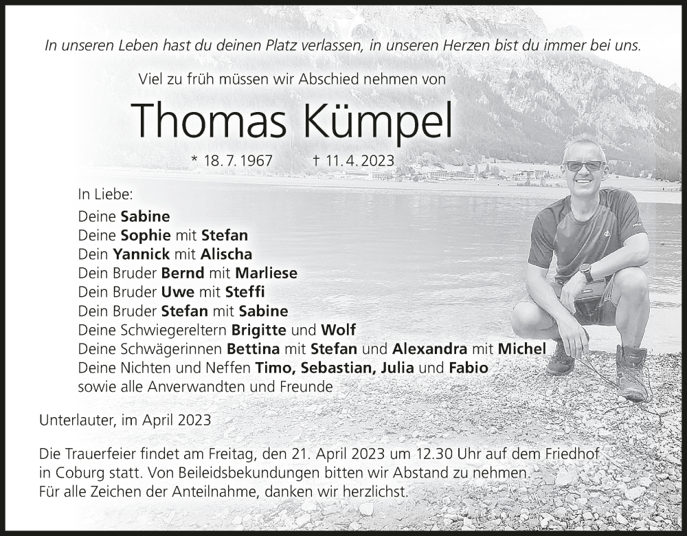  Traueranzeige für Thomas Kümpel vom 15.04.2023 aus MGO