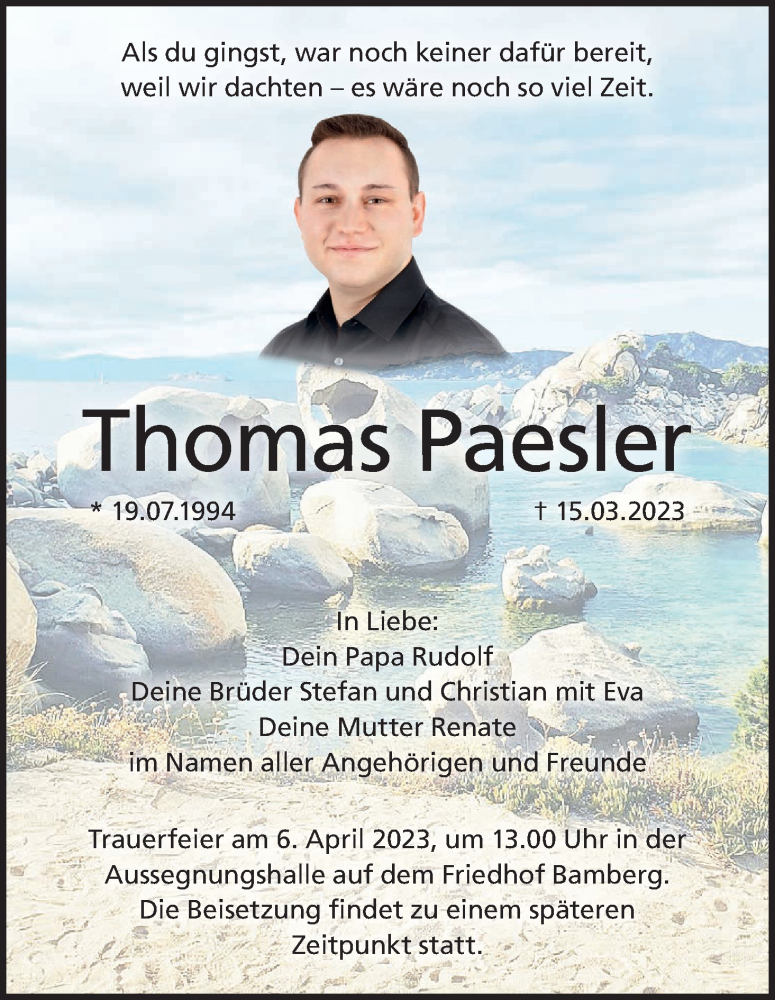  Traueranzeige für Thomas Paesler vom 01.04.2023 aus MGO
