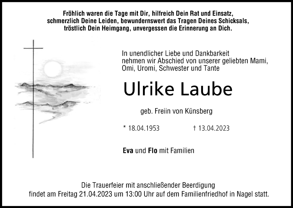  Traueranzeige für Ulrike Laube vom 19.04.2023 aus MGO
