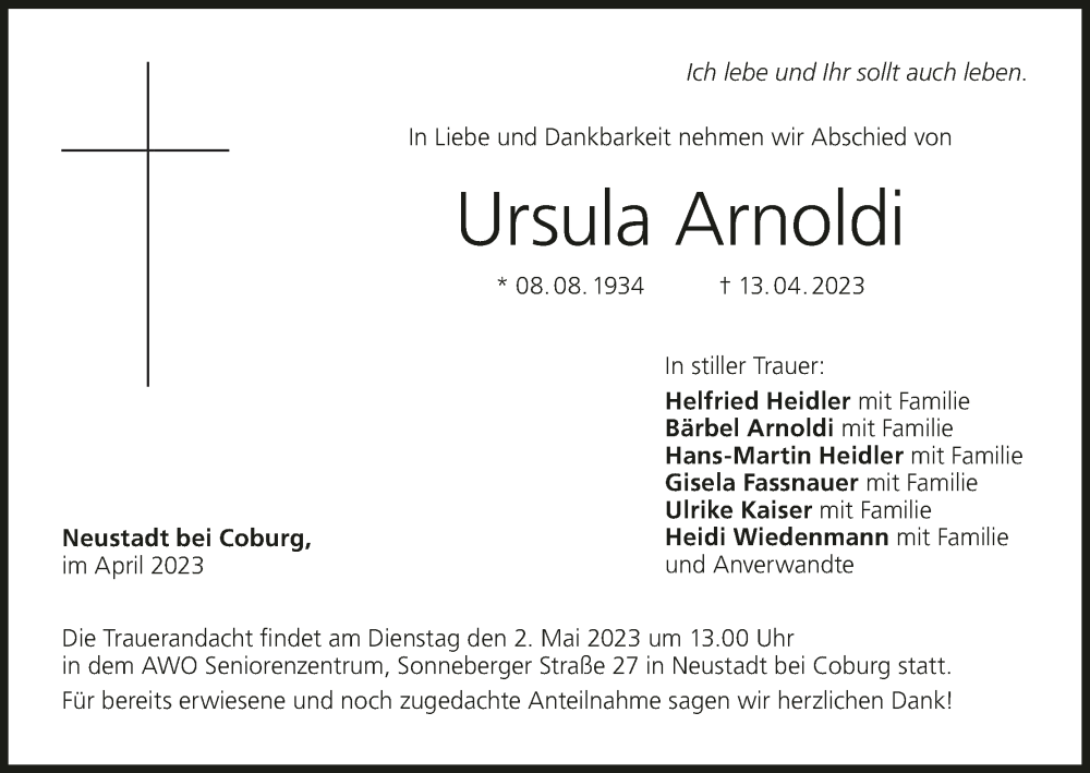  Traueranzeige für Ursula Arnoldi vom 29.04.2023 aus MGO