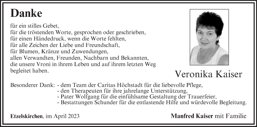  Traueranzeige für Veronika Kaiser vom 15.04.2023 aus MGO