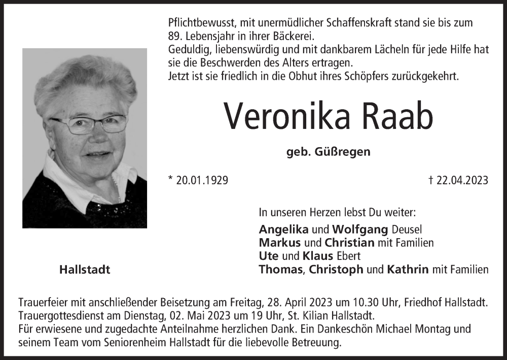  Traueranzeige für Veronika Raab vom 26.04.2023 aus MGO