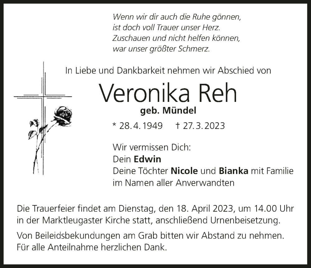  Traueranzeige für Veronika Reh vom 15.04.2023 aus MGO