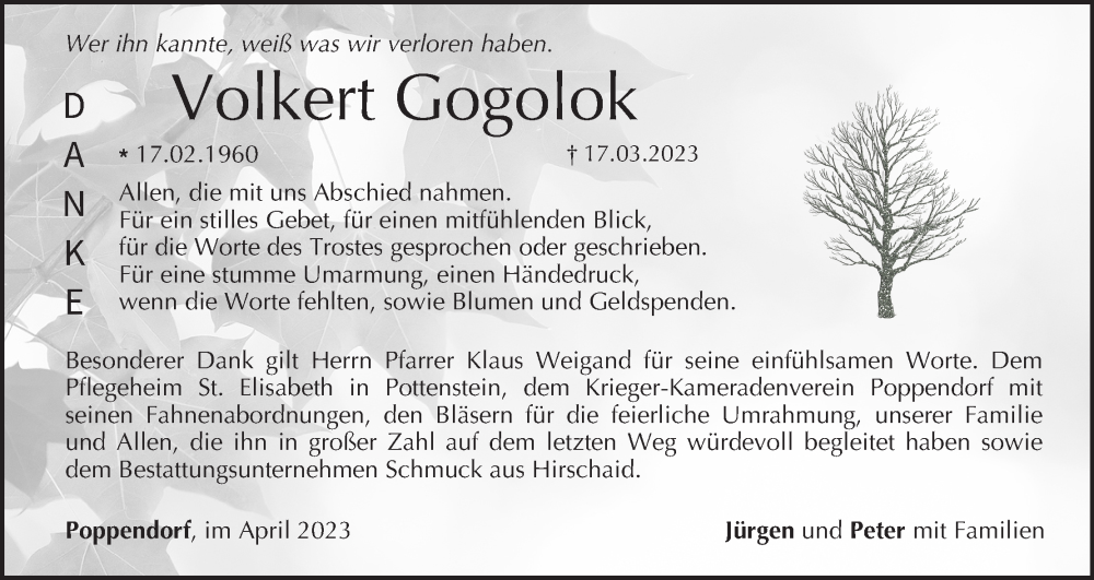  Traueranzeige für Volkert Gogolok vom 15.04.2023 aus MGO