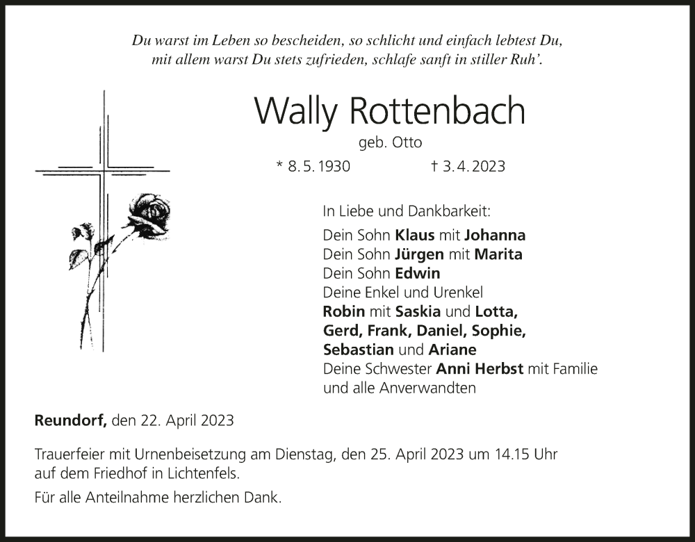  Traueranzeige für Wally Rottenbach vom 22.04.2023 aus MGO