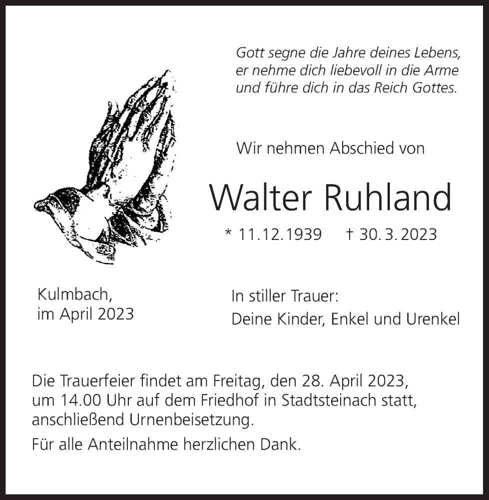  Traueranzeige für Walter Ruhland vom 22.04.2023 aus MGO