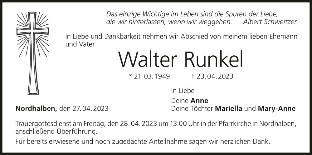  Traueranzeige für Walter Runkel vom 27.04.2023 aus MGO