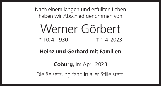 Anzeige von Werner Görbert von MGO