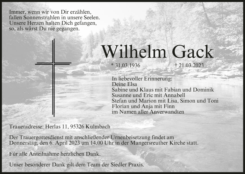  Traueranzeige für Wilhelm Gack vom 03.04.2023 aus MGO