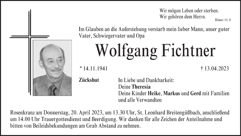  Traueranzeige für Wolfgang Fichtner vom 15.04.2023 aus MGO