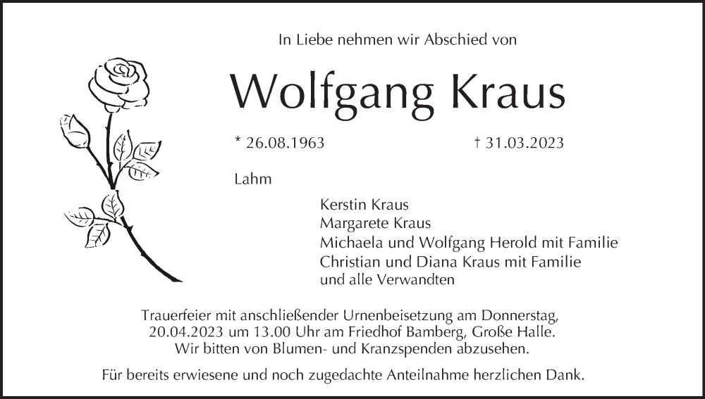  Traueranzeige für Wolfgang Kraus vom 08.04.2023 aus MGO