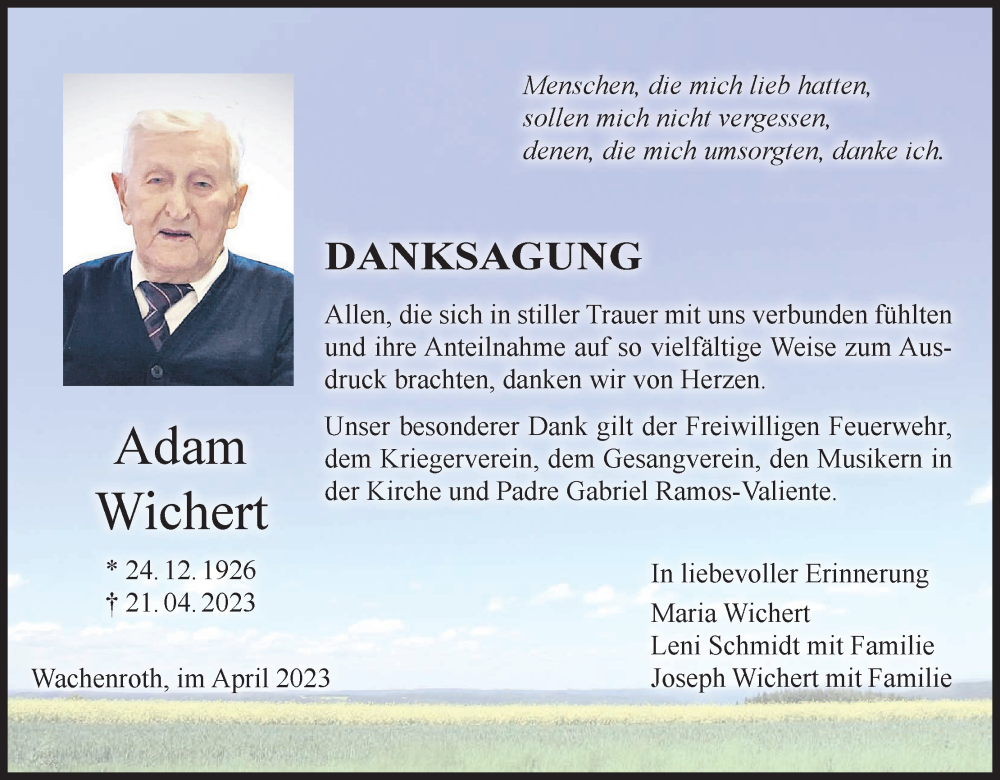  Traueranzeige für Adam Wichert vom 13.05.2023 aus MGO