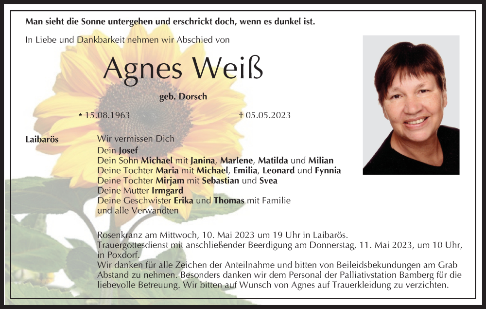  Traueranzeige für Agnes Weiß vom 10.05.2023 aus MGO