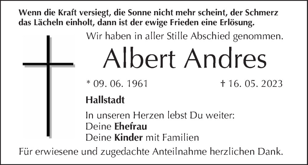  Traueranzeige für Albert Andres vom 27.05.2023 aus MGO