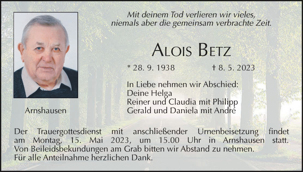  Traueranzeige für Alois Betz vom 13.05.2023 aus MGO
