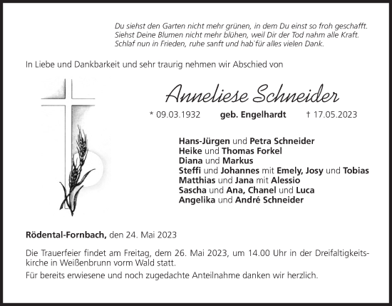 Anzeige von Anneliese Schneider von MGO