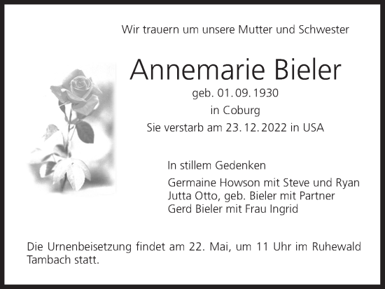Anzeige von Annemarie Bieler von MGO