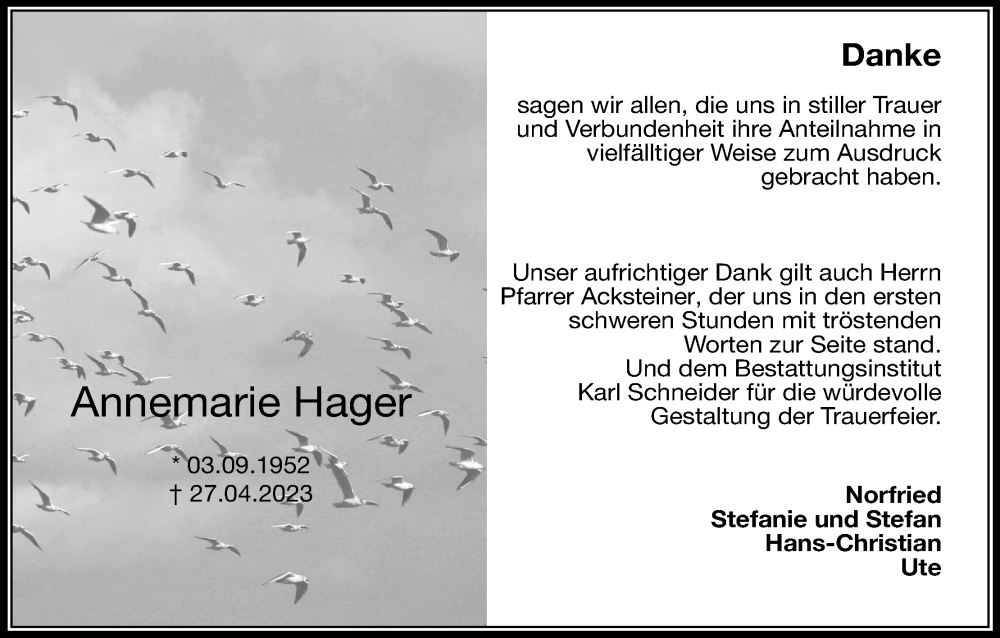  Traueranzeige für Annemarie Hager vom 13.05.2023 aus MGO
